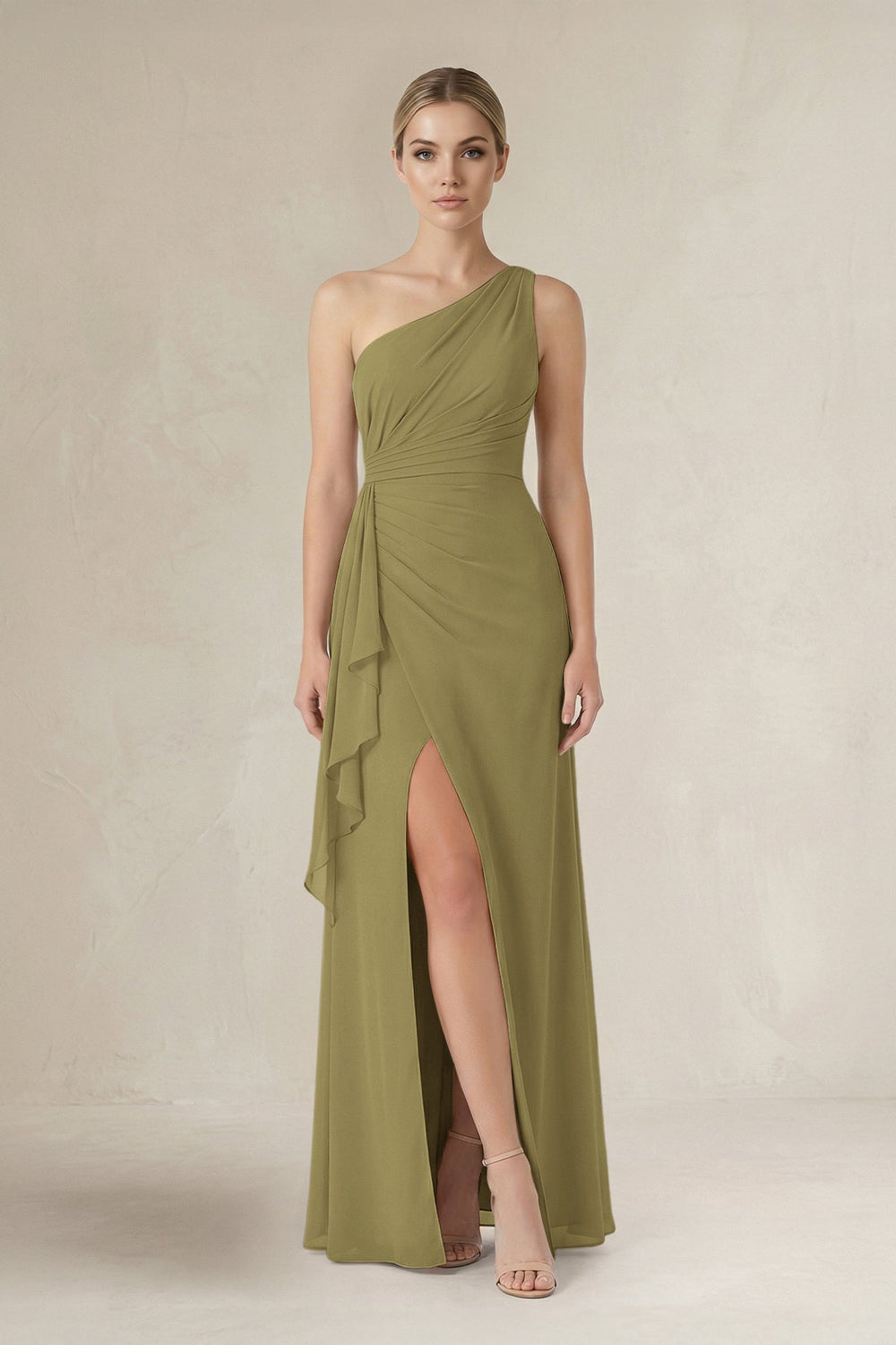 One-Shoulder Sheath Ruched Ruffled Bridesmaid Dress in Moss Green