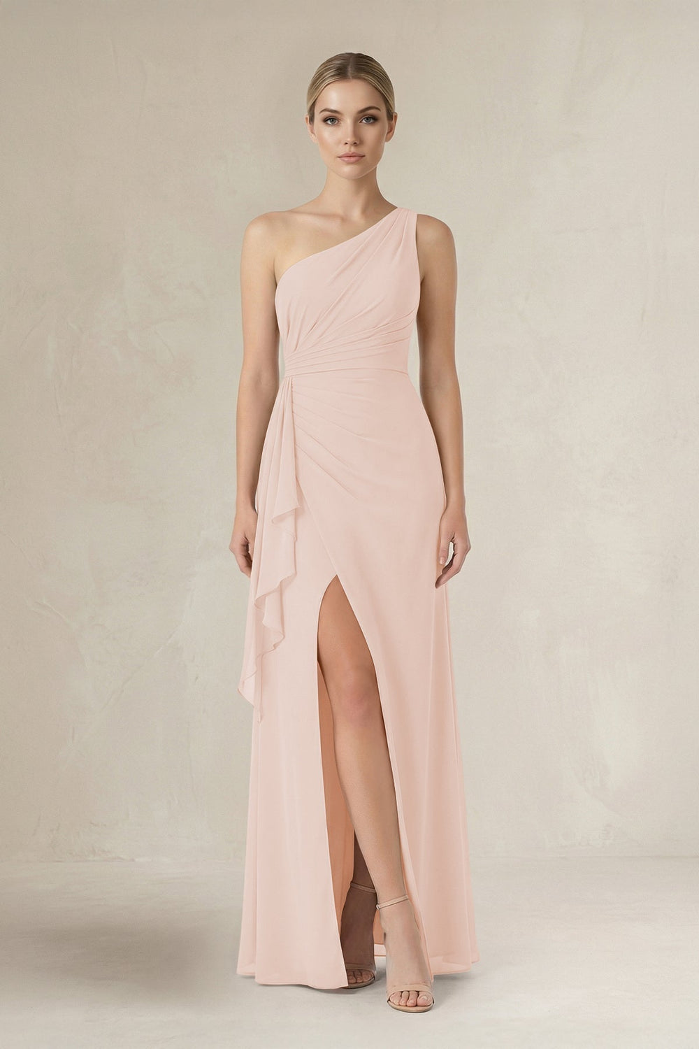 One-Shoulder Sheath Ruched Ruffled Bridesmaid Dress in Pale Blush