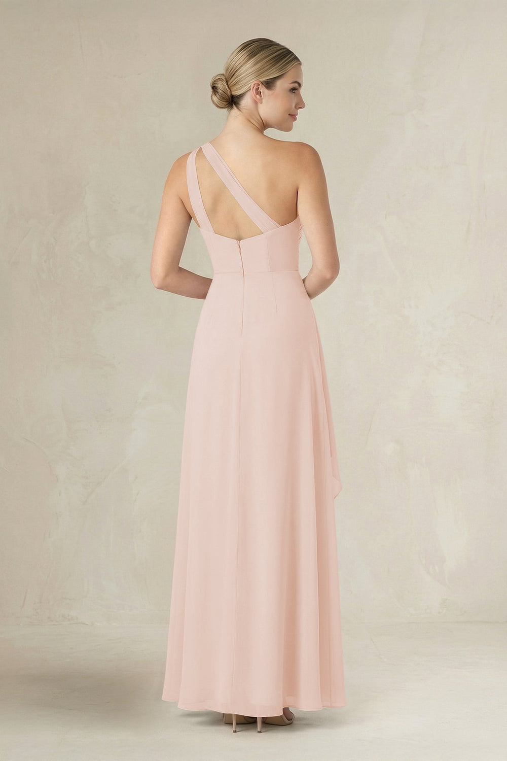 One-Shoulder Sheath Ruched Ruffled Bridesmaid Dress in Pale Blush