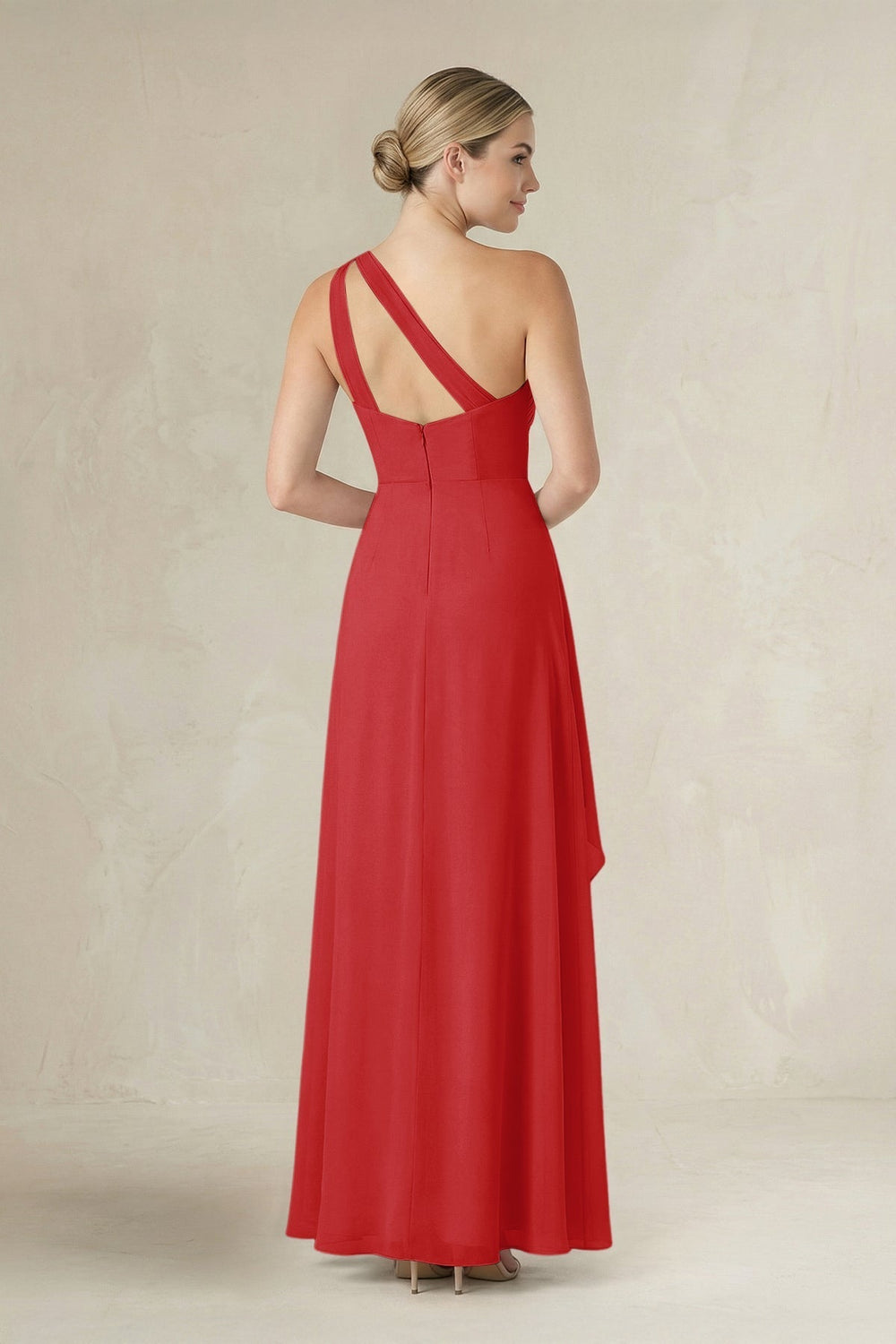 One-Shoulder Sheath Ruched Ruffled Bridesmaid Dress in Ruby Red