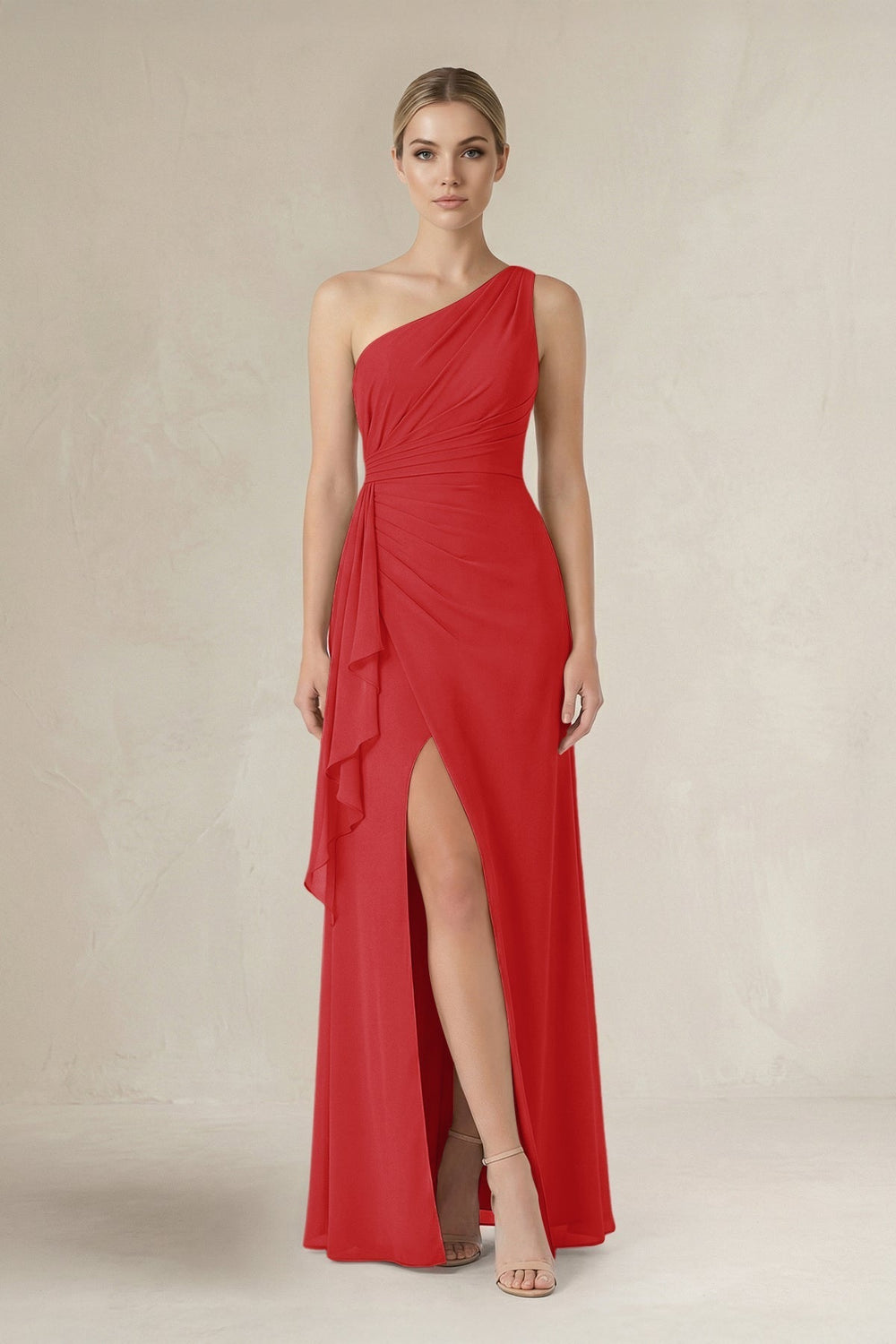 One-Shoulder Sheath Ruched Ruffled Bridesmaid Dress in Ruby Red