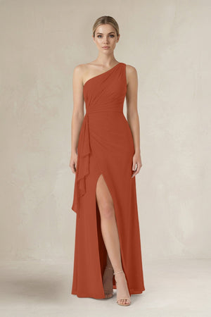 One - Shoulder Sheath Ruched Ruffled Bridesmaid Dress in Spice - KISS BRIDAL Bridesmaid Dresses