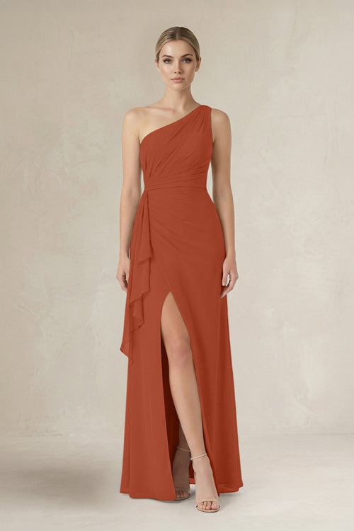 One - Shoulder Sheath Ruched Ruffled Bridesmaid Dress in Spice - KISS BRIDAL Bridesmaid Dresses