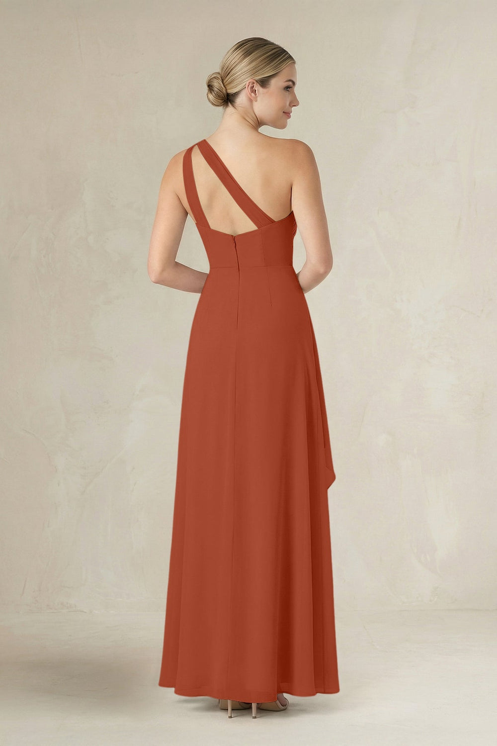 One-Shoulder Sheath Ruched Ruffled Bridesmaid Dress in Spice