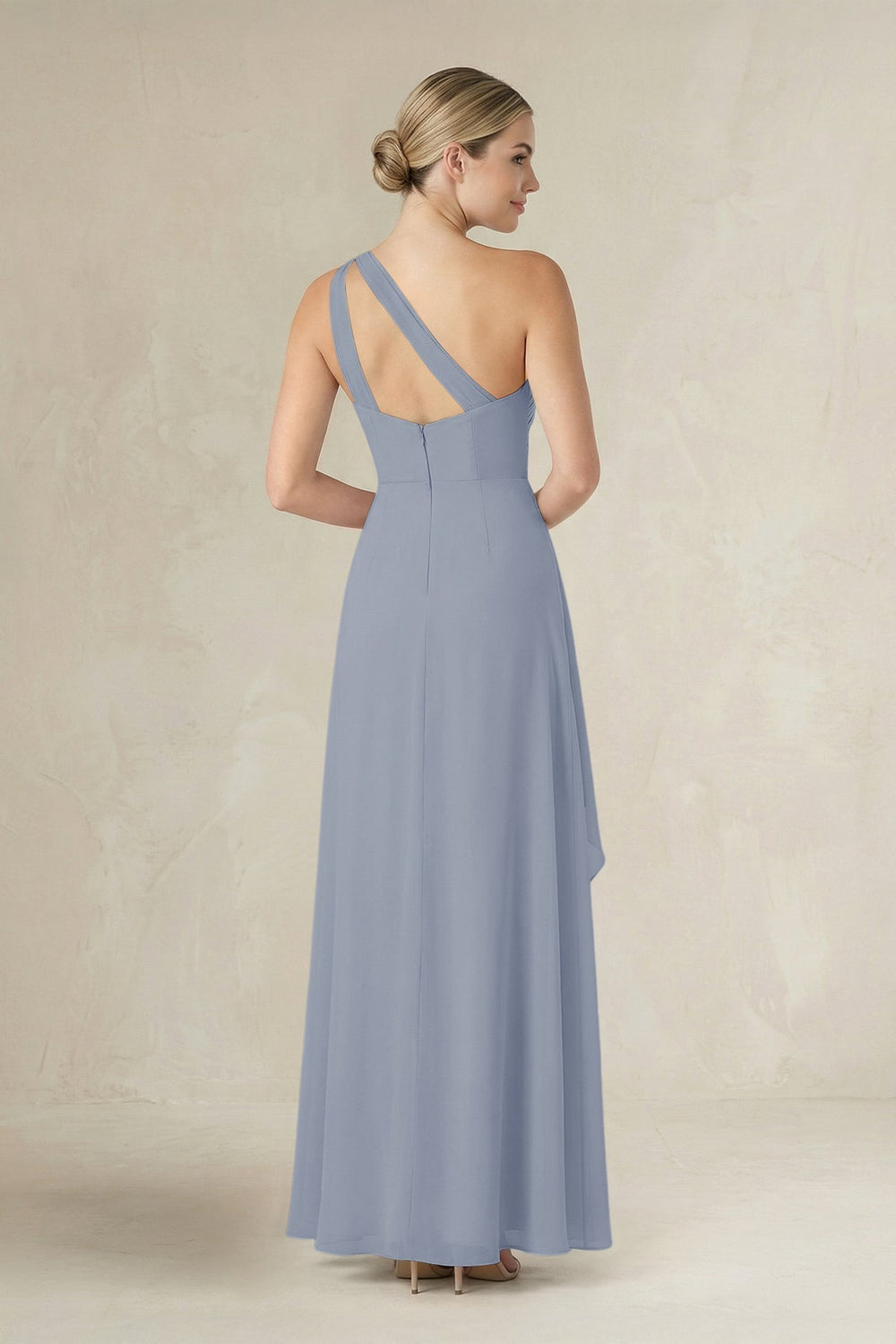 One-Shoulder Sheath Ruched Ruffled Bridesmaid Dress in Twilight