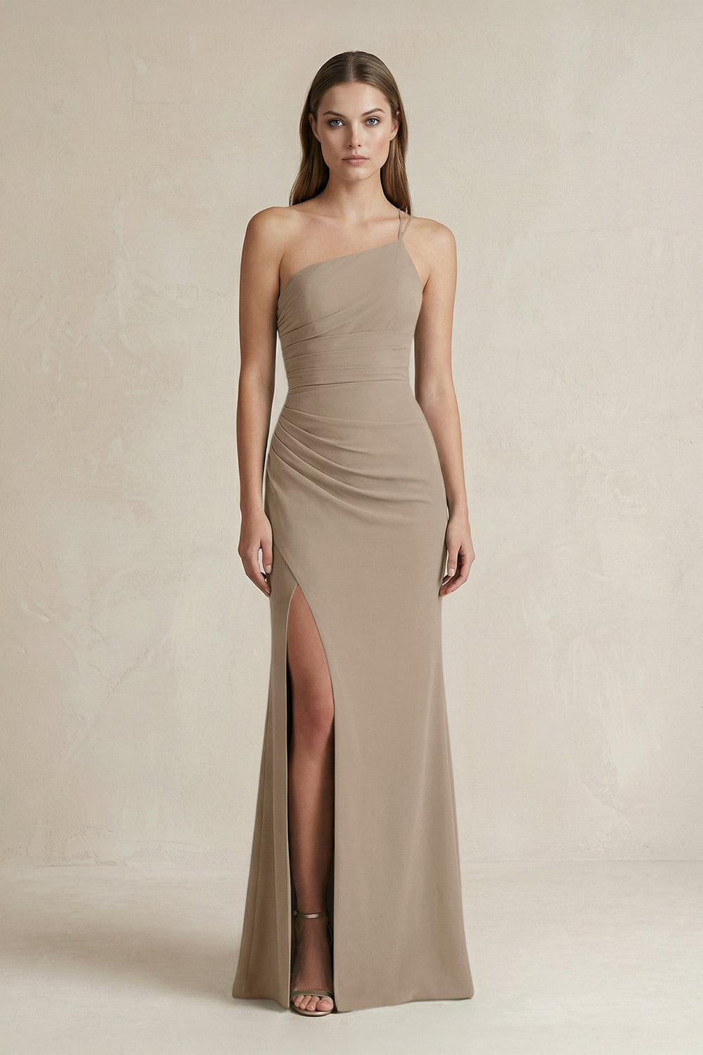 One-Shoulder Sheath Satin Bridesmaid Dress in Almond