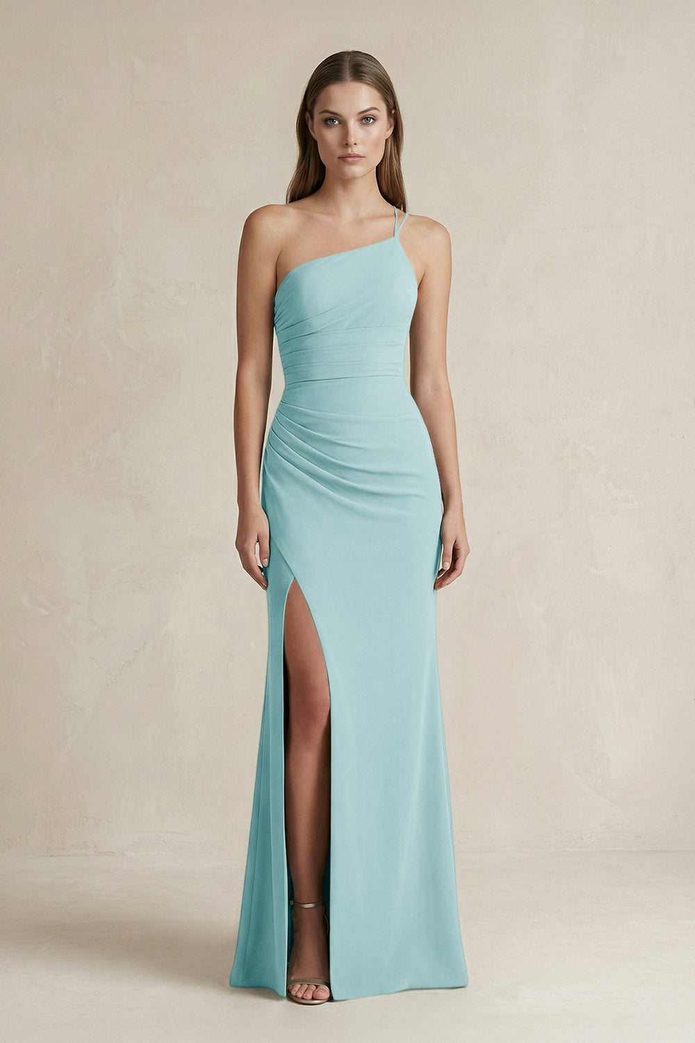 One-Shoulder Sheath Satin Bridesmaid Dress in Bleached Aqua