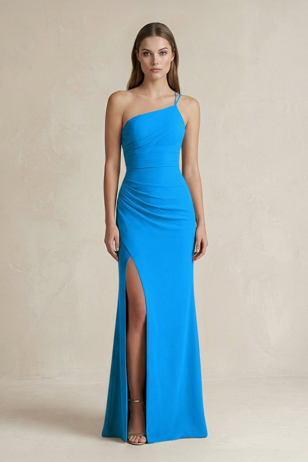 One-Shoulder Sheath Satin Bridesmaid Dress in Blue Jay
