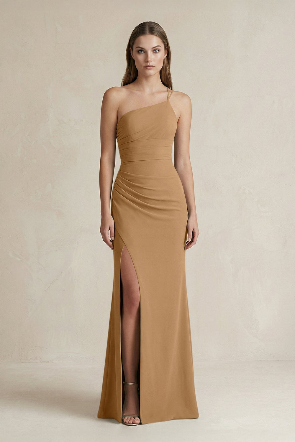 One-Shoulder Sheath Satin Bridesmaid Dress in Bronzer