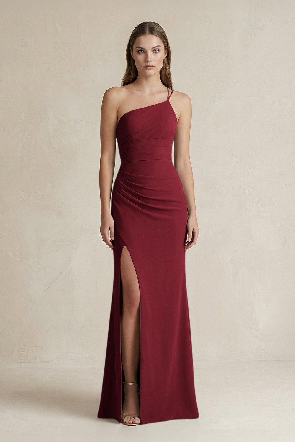 One-Shoulder Sheath Satin Bridesmaid Dress in Burgundy