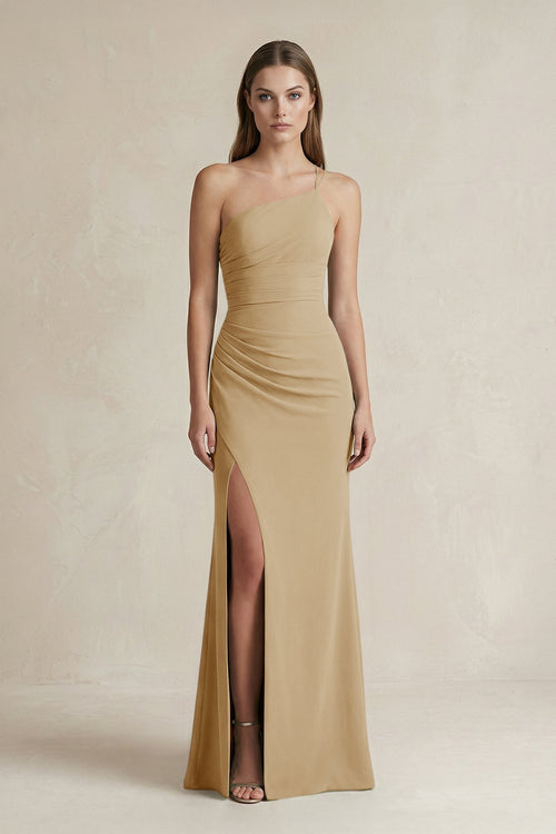 One - Shoulder Sheath Satin Bridesmaid Dress in Champagne - KISS BRIDAL Bridesmaid Dresses