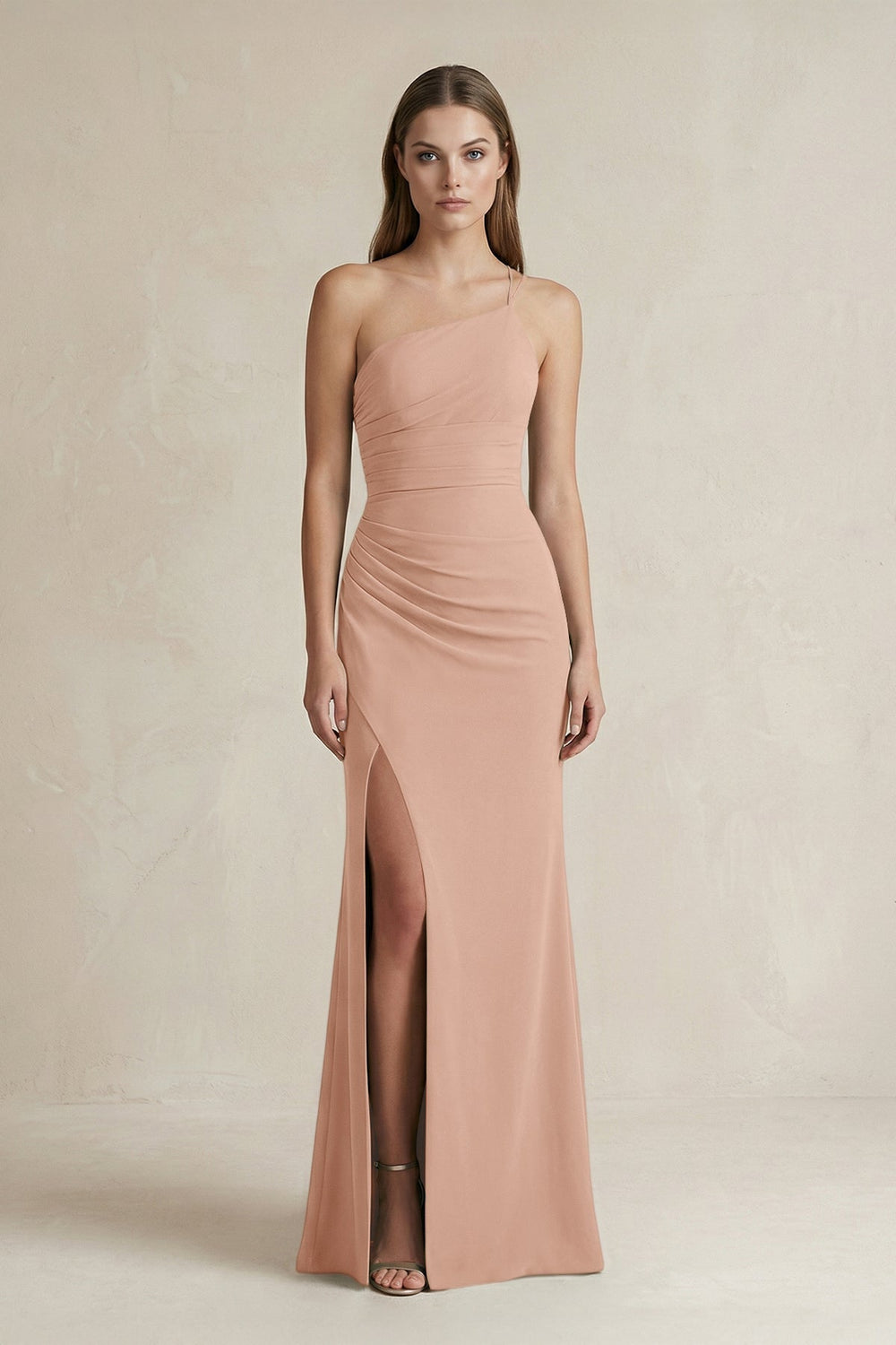 One-Shoulder Sheath Satin Bridesmaid Dress in Champagne Rose