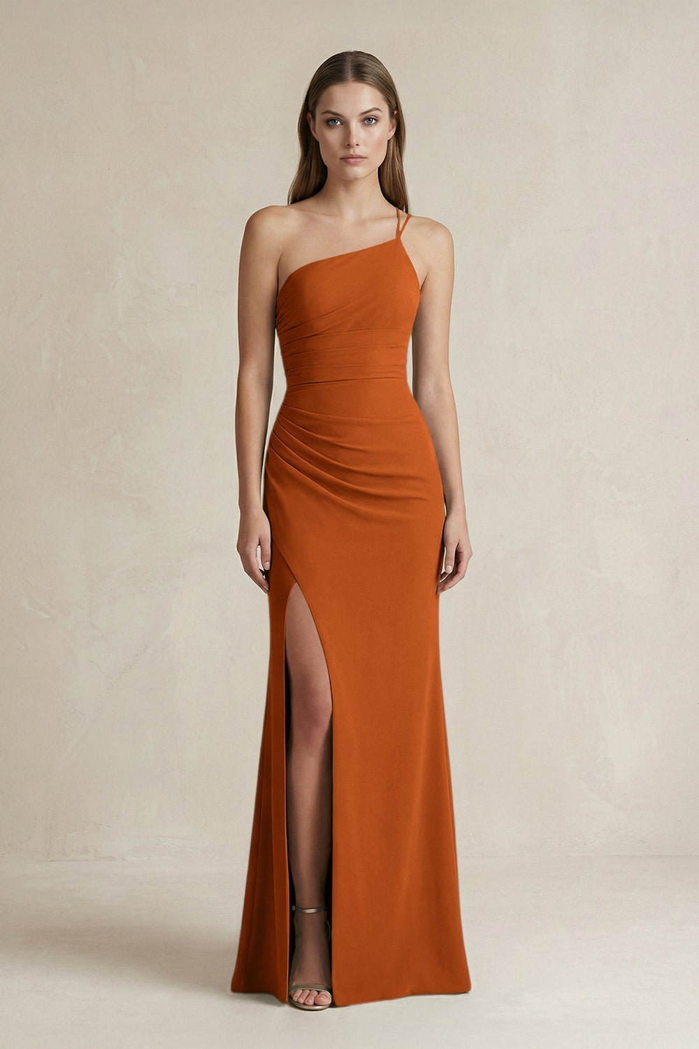 One-Shoulder Sheath Satin Bridesmaid Dress in Cinnamon