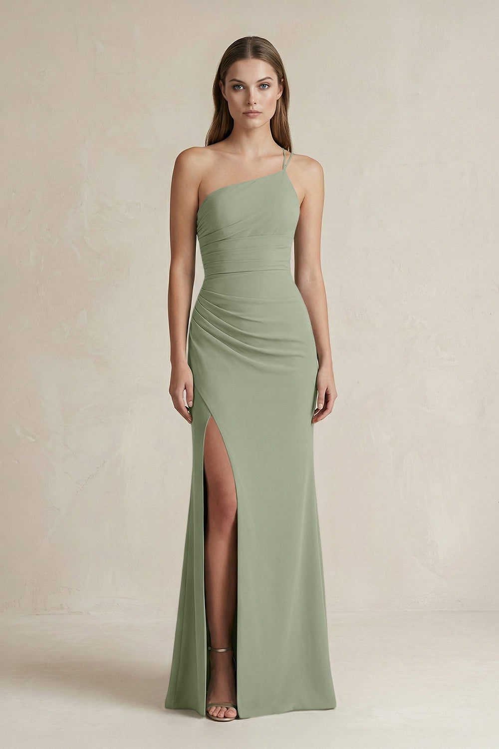 One-Shoulder Sheath Satin Bridesmaid Dress in Dove Gray