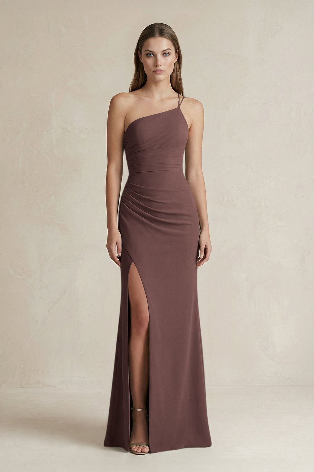 One-Shoulder Sheath Satin Bridesmaid Dress in Espresso