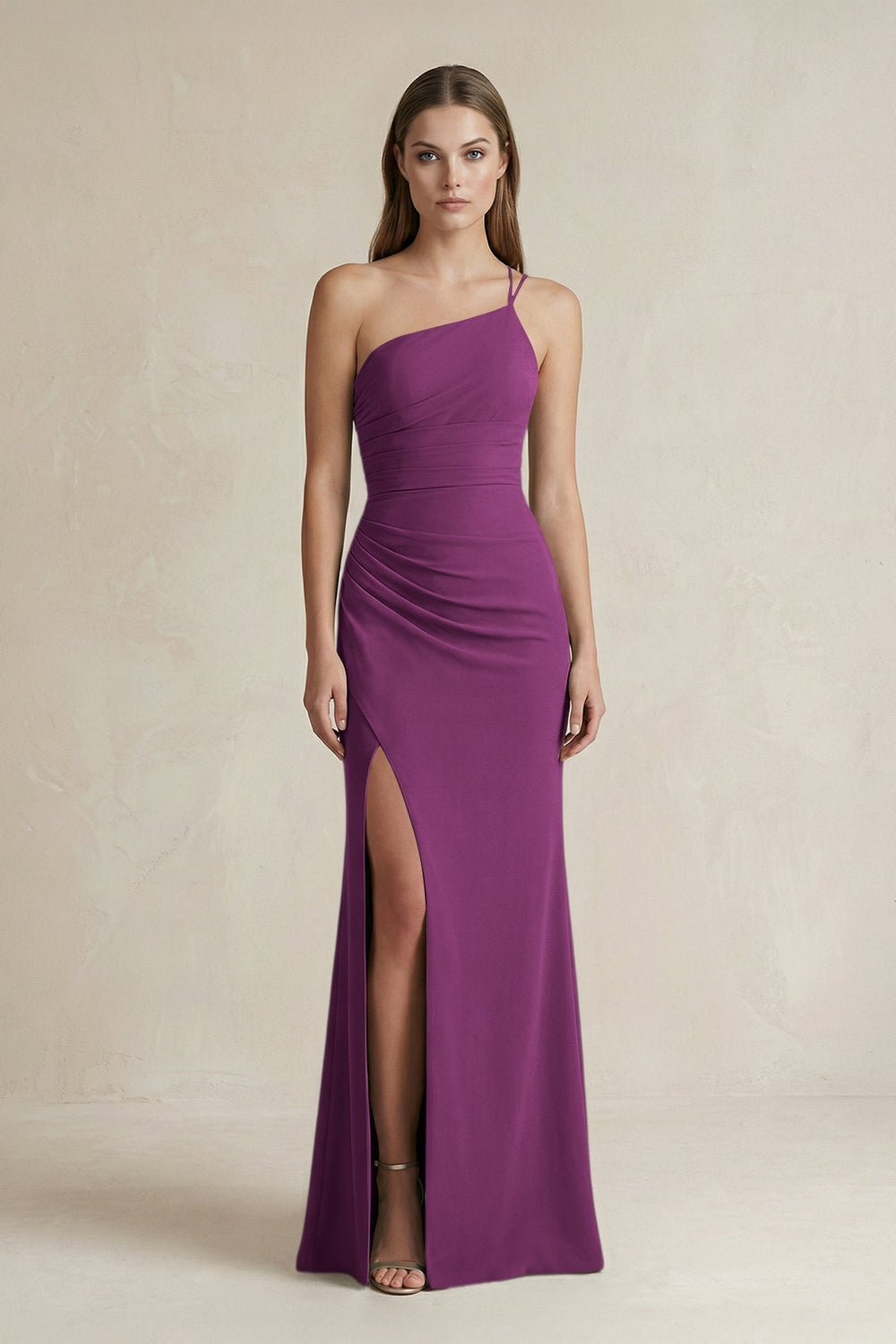 One-Shoulder Sheath Satin Bridesmaid Dress in Fig