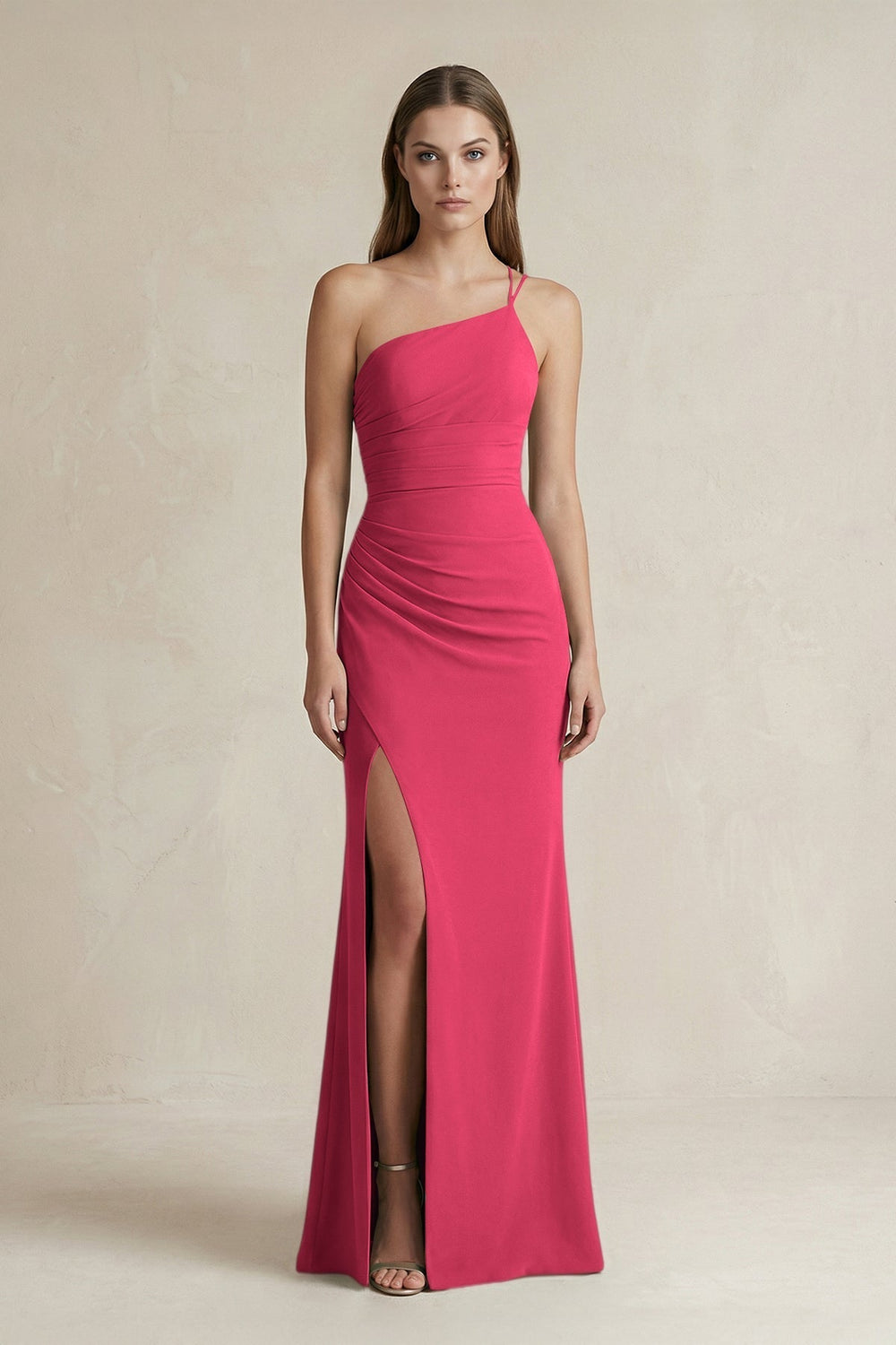 One-Shoulder Sheath Satin Bridesmaid Dress in Fuchsia