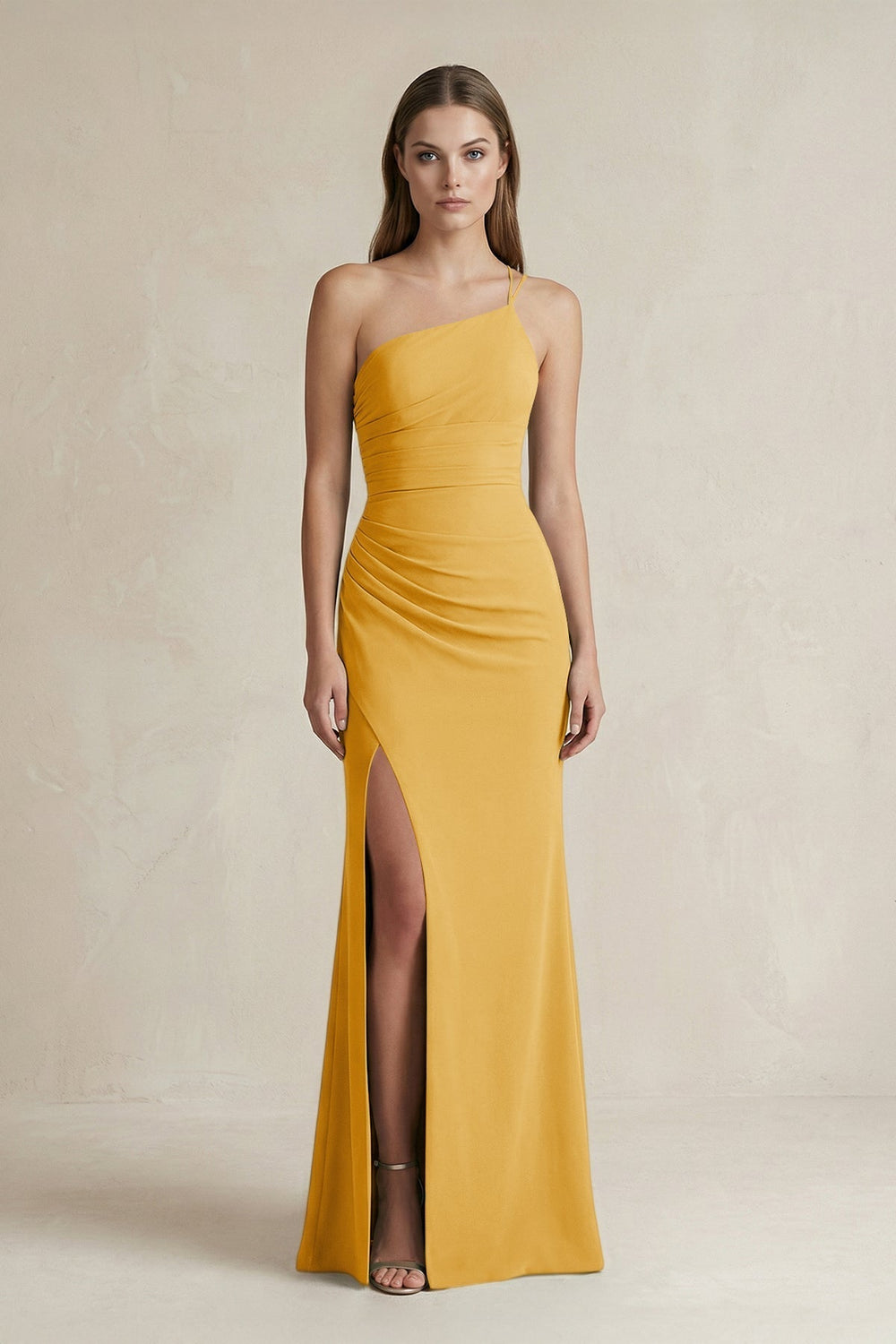 One-Shoulder Sheath Satin Bridesmaid Dress in Gold