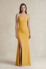One - Shoulder Sheath Satin Bridesmaid Dress in Gold - KISS BRIDAL Bridesmaid Dresses