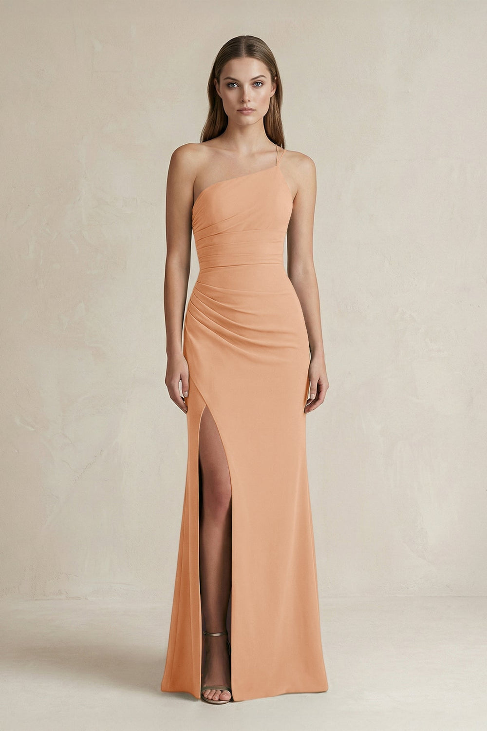 One-Shoulder Sheath Satin Bridesmaid Dress in Golden Champagne