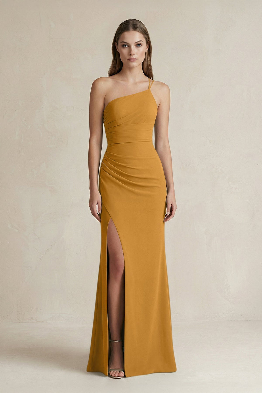 One-Shoulder Sheath Satin Bridesmaid Dress in Marigold