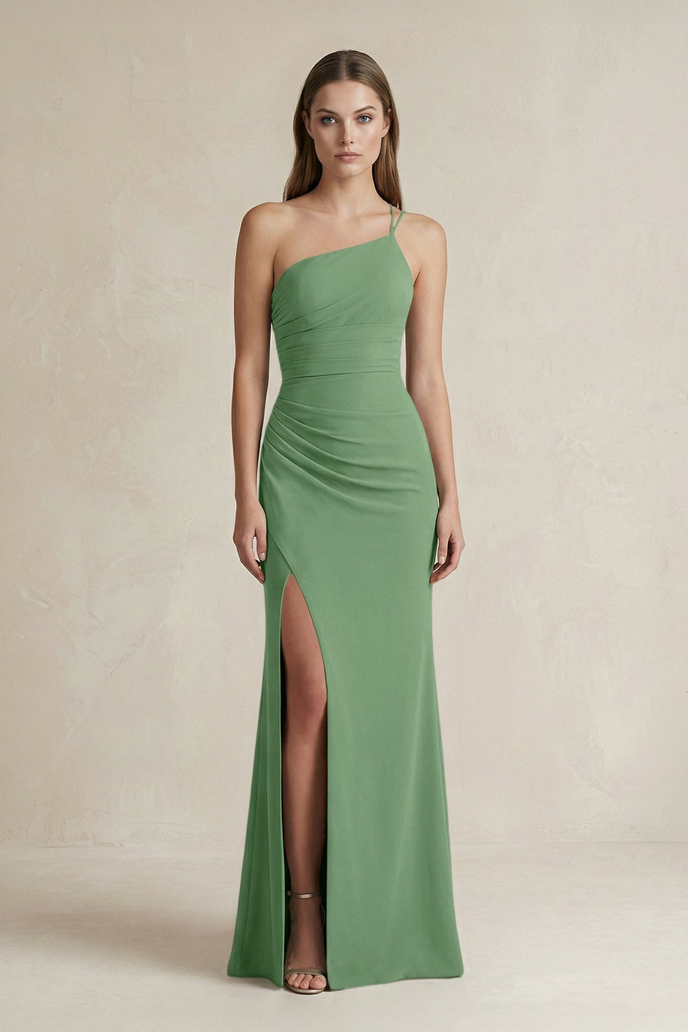 One-Shoulder Sheath Satin Bridesmaid Dress in Matcha