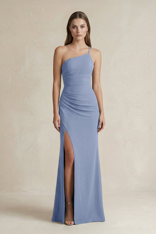 One - Shoulder Sheath Satin Bridesmaid Dress in Mist - KISS BRIDAL Bridesmaid Dresses