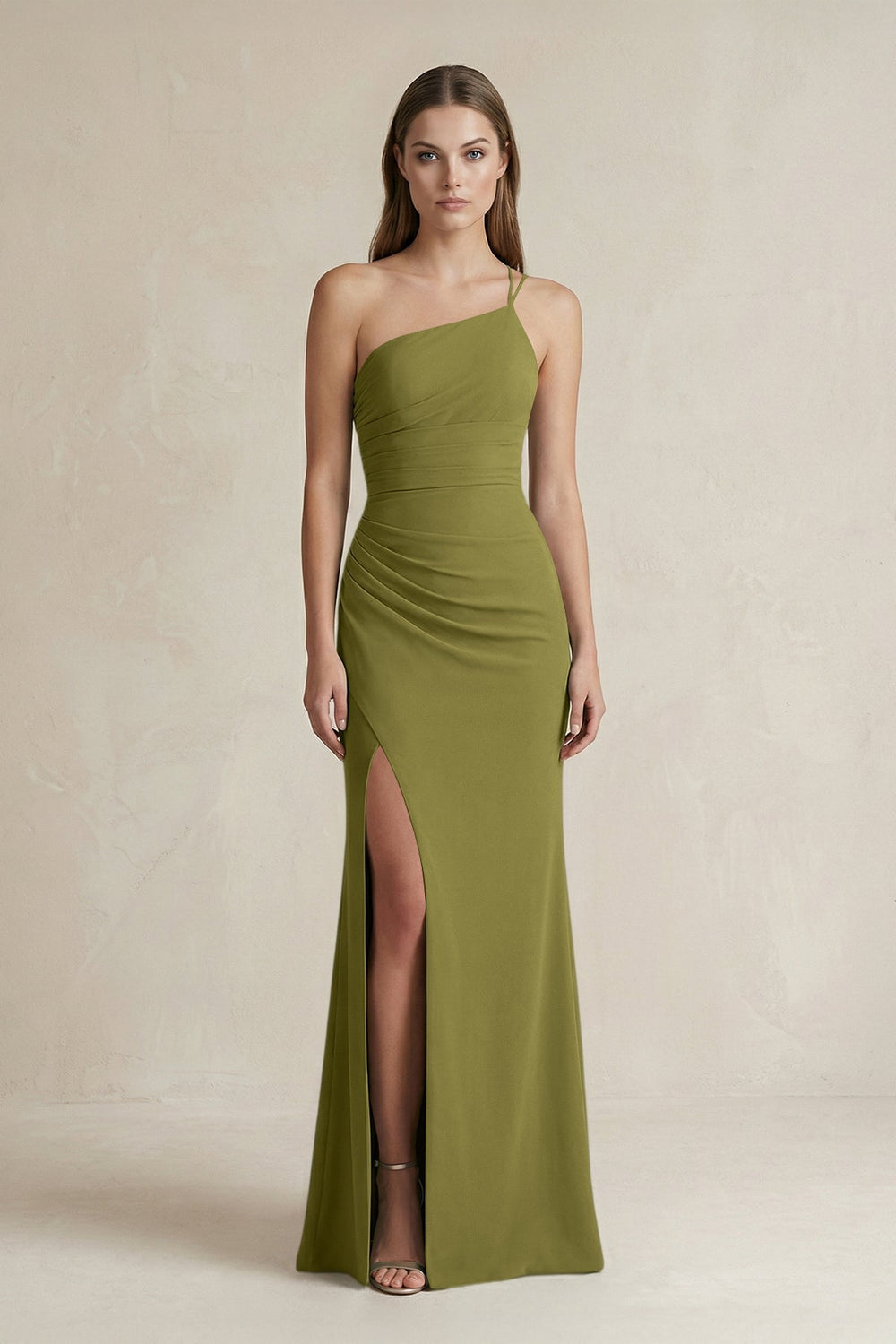 One-Shoulder Sheath Satin Bridesmaid Dress in Moss Green