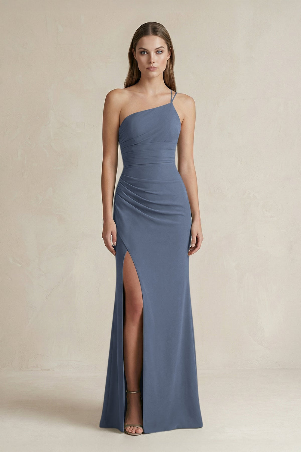 One-Shoulder Sheath Satin Bridesmaid Dress in Neptune