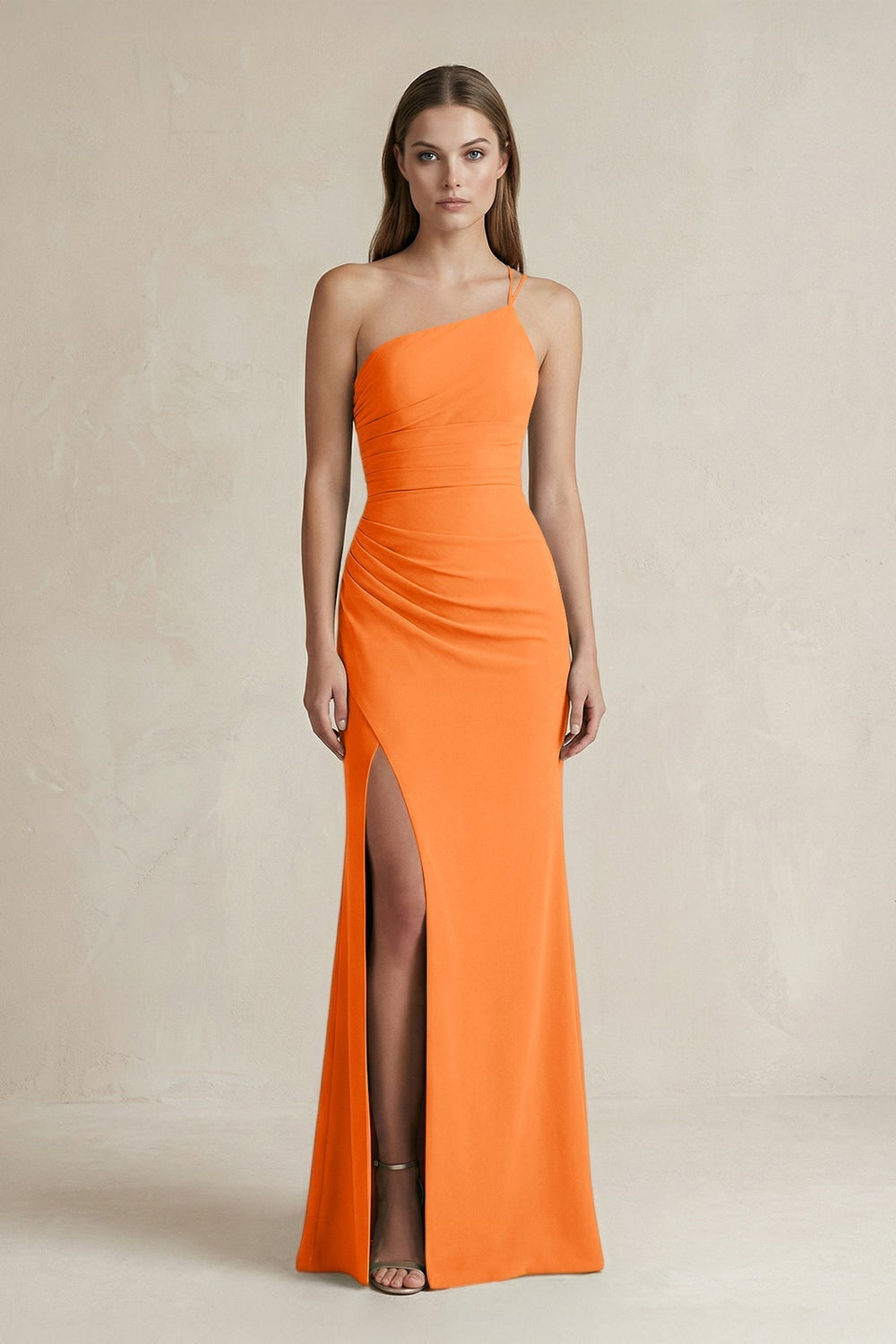One-Shoulder Sheath Satin Bridesmaid Dress in Orange