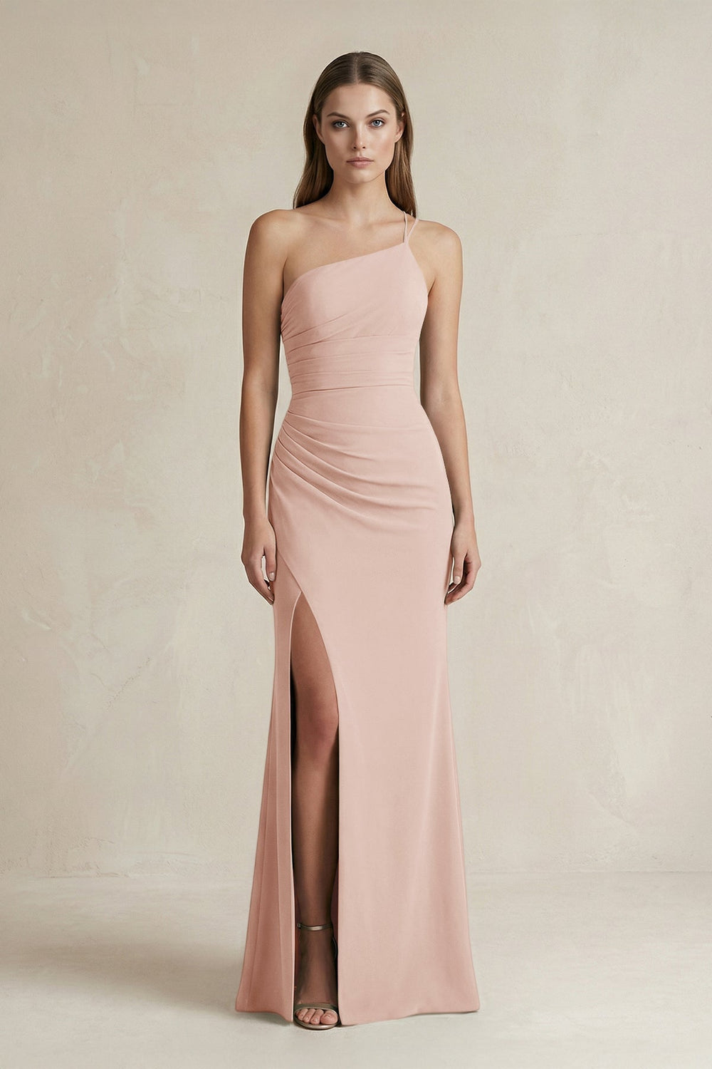 One-Shoulder Sheath Satin Bridesmaid Dress in Pale Blush