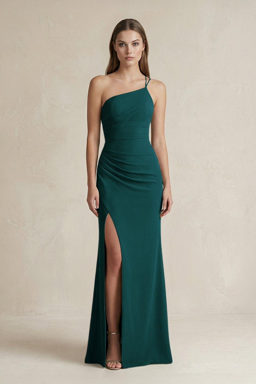 One-Shoulder Sheath Satin Bridesmaid Dress in Pine