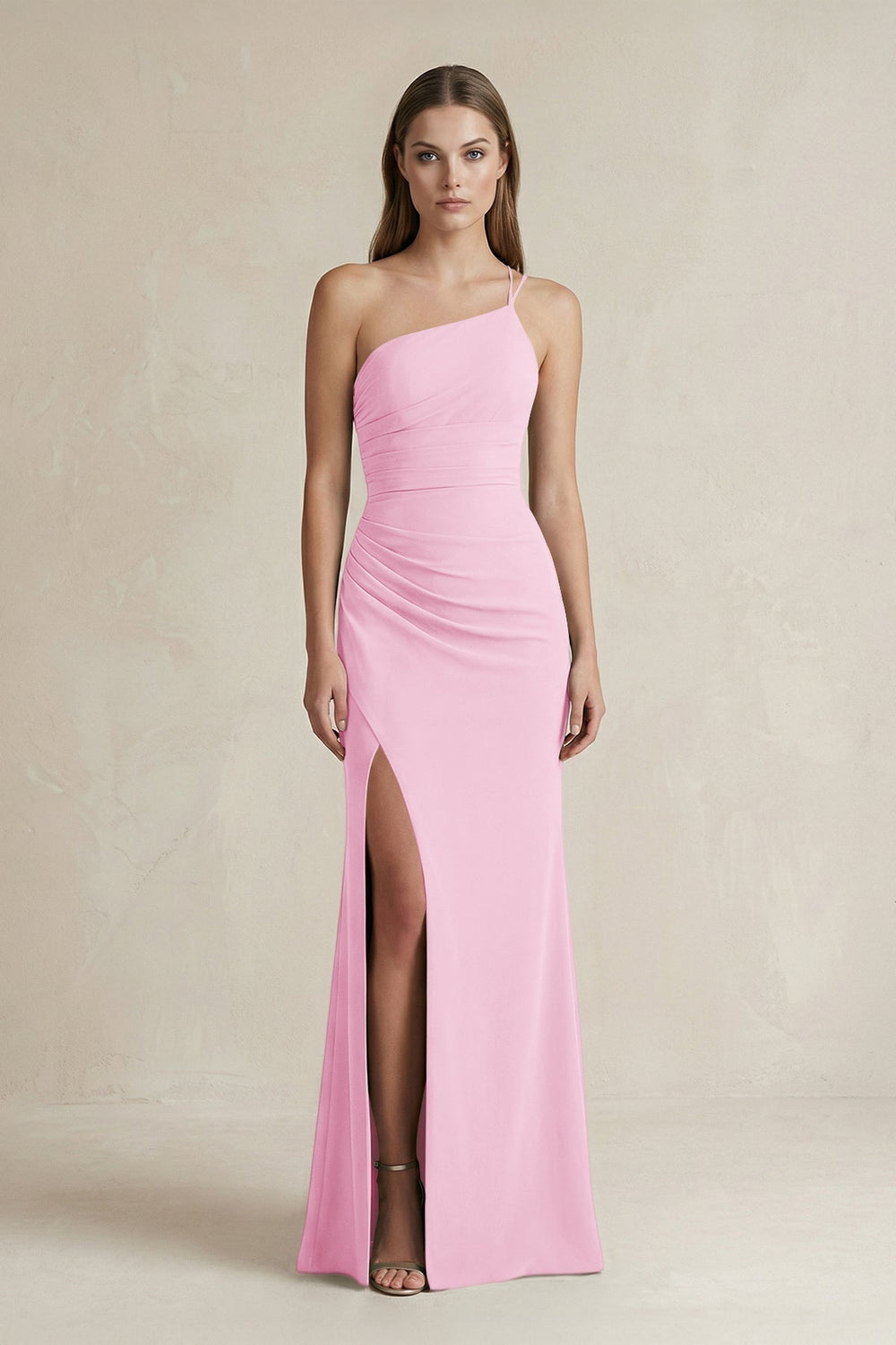 One-Shoulder Sheath Satin Bridesmaid Dress in Pink