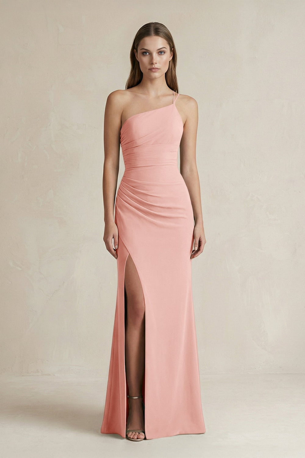 One-Shoulder Sheath Satin Bridesmaid Dress in Rose Petal