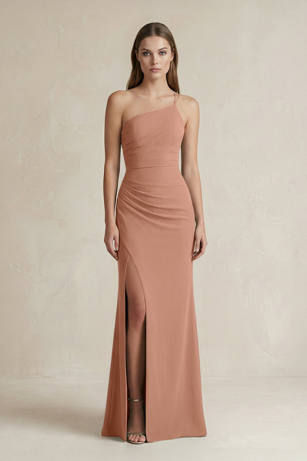 One-Shoulder Sheath Satin Bridesmaid Dress in Rosette