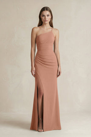 One - Shoulder Sheath Satin Bridesmaid Dress in Rosette - KISS BRIDAL Bridesmaid Dresses