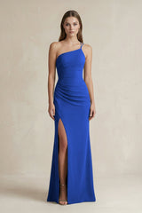 One - Shoulder Sheath Satin Bridesmaid Dress in Royal Blue - KISS BRIDAL Bridesmaid Dresses
