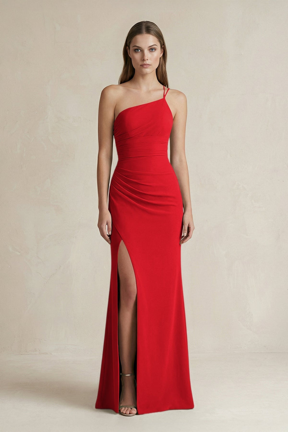 One-Shoulder Sheath Satin Bridesmaid Dress in Ruby Red
