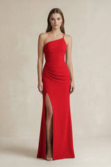 One - Shoulder Sheath Satin Bridesmaid Dress in Ruby Red - KISS BRIDAL Bridesmaid Dresses