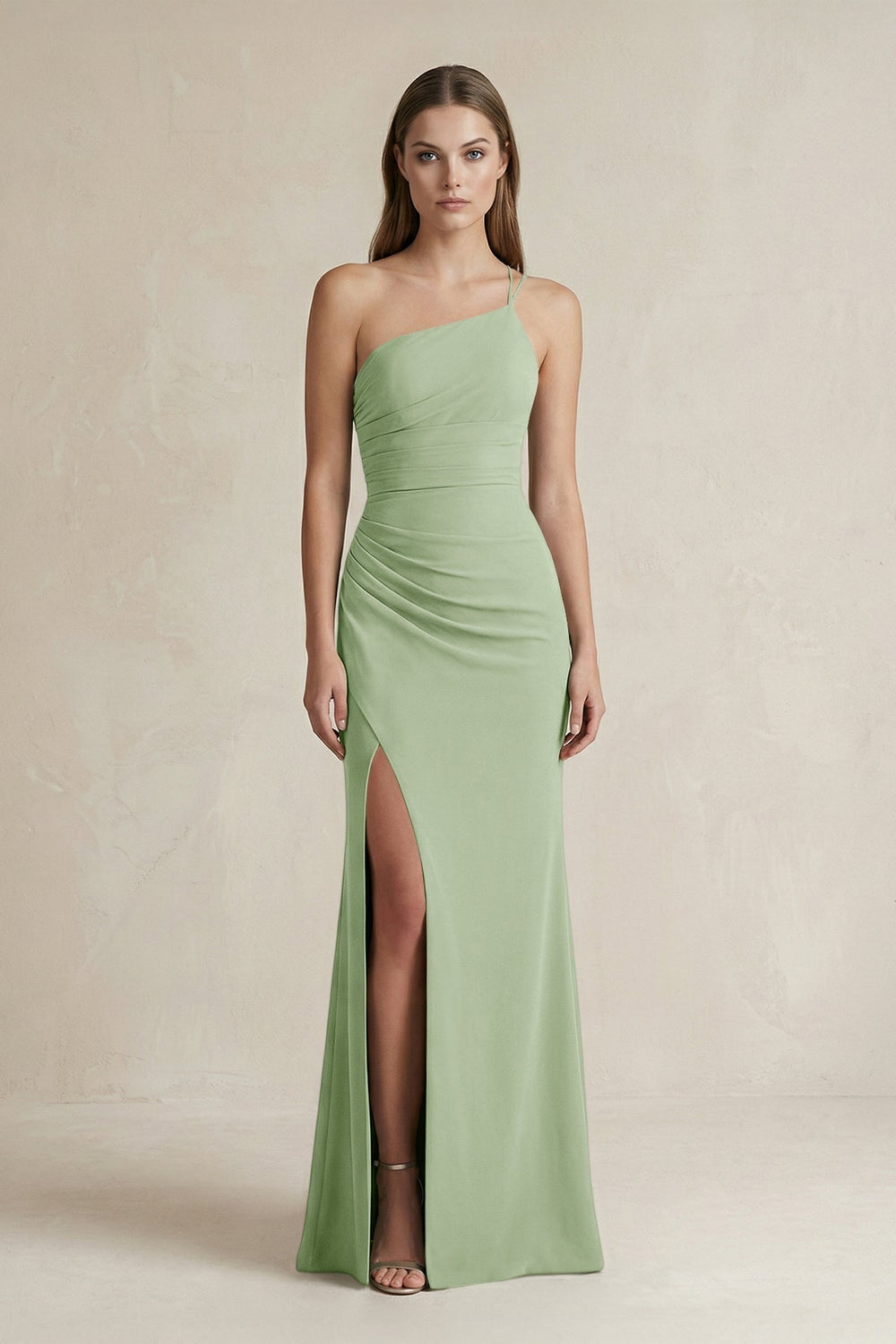 One-Shoulder Sheath Satin Bridesmaid Dress in Sage