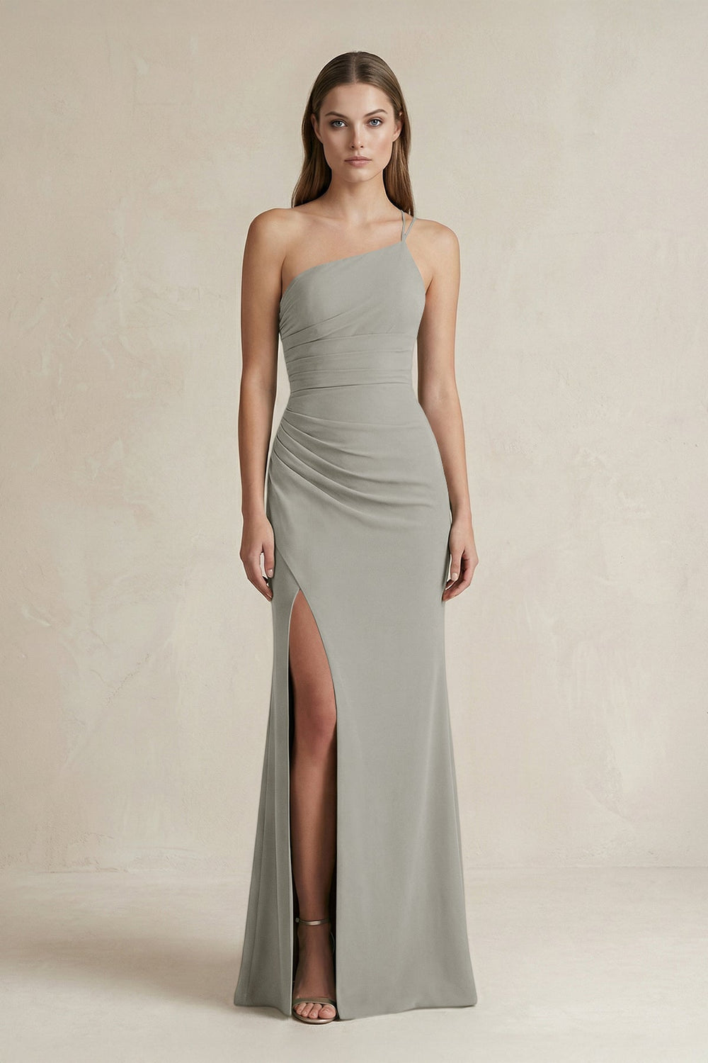 One-Shoulder Sheath Satin Bridesmaid Dress in Silver