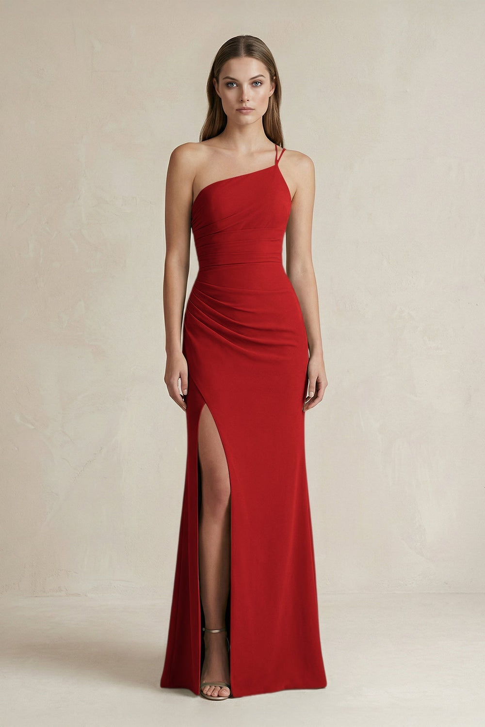 One-Shoulder Sheath Satin Bridesmaid Dress in Spice