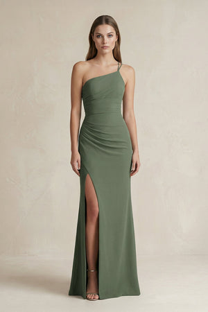 One - Shoulder Sheath Satin Bridesmaid Dress in Thyme - KISS BRIDAL Bridesmaid Dresses