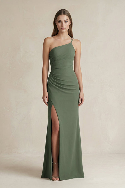 One - Shoulder Sheath Satin Bridesmaid Dress in Thyme - KISS BRIDAL Bridesmaid Dresses