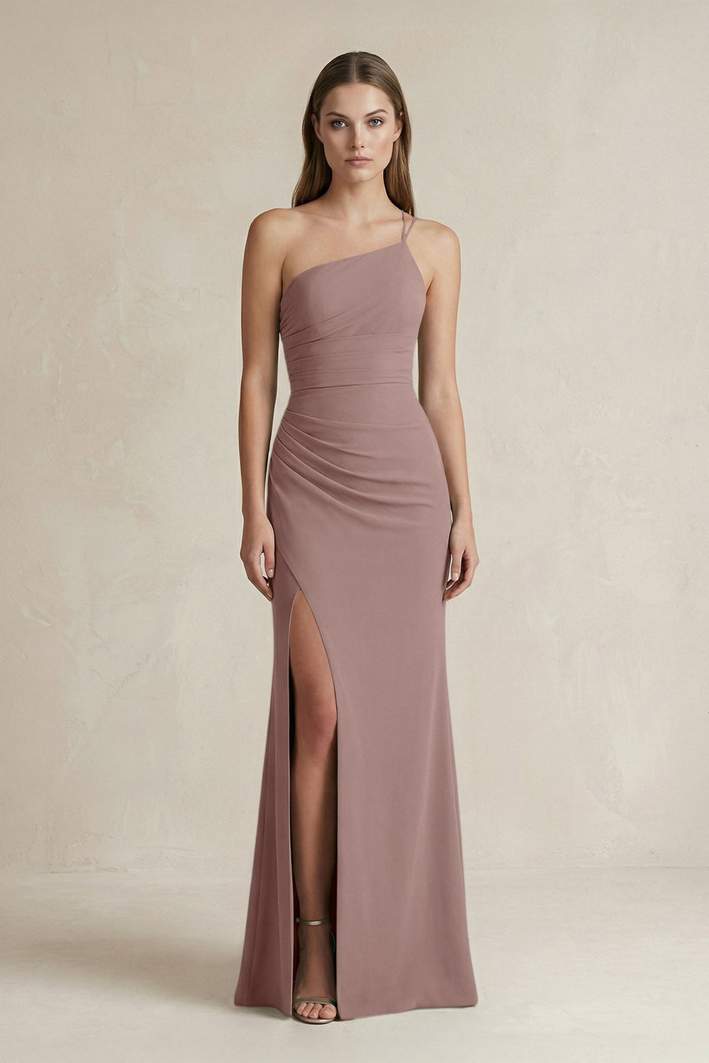 One-Shoulder Sheath Satin Bridesmaid Dress in Toffee