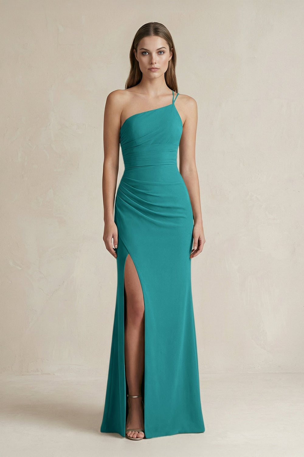 One-Shoulder Sheath Satin Bridesmaid Dress in Turquoise