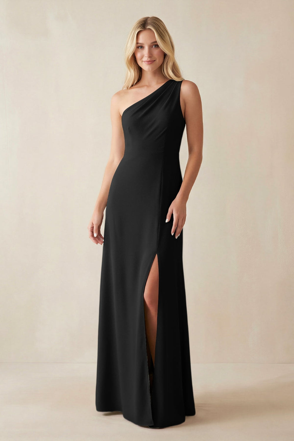 One-Shoulder Sheath Satin Bridesmaid Dress With Slit in Black