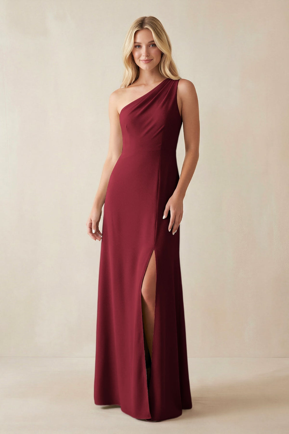 One-Shoulder Sheath Satin Bridesmaid Dress With Slit in Burgundy