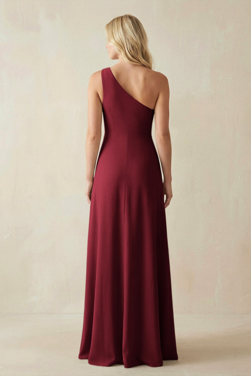 One-Shoulder Sheath Satin Bridesmaid Dress With Slit in Burgundy