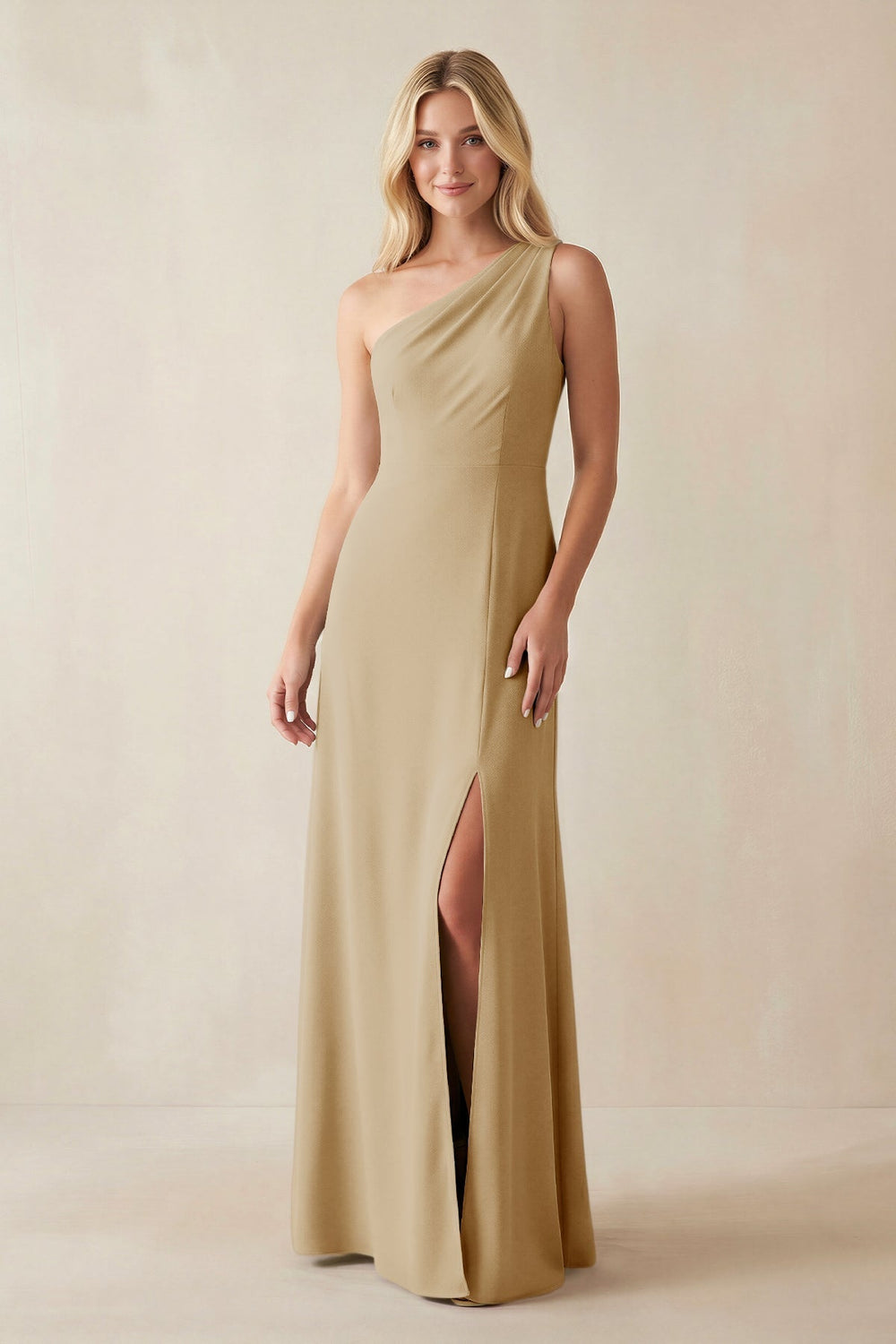 One-Shoulder Sheath Satin Bridesmaid Dress With Slit in Champagne